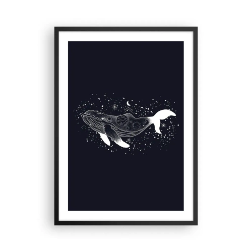 Plakat w czarnej ramie - Kosmiczny wieloryb w stylu graficznym na czarnym tle - 50x70cm - W oceanie wszechświata - Nowoczesna dekoracja ścienna do salonu i sypialni ARTTOR