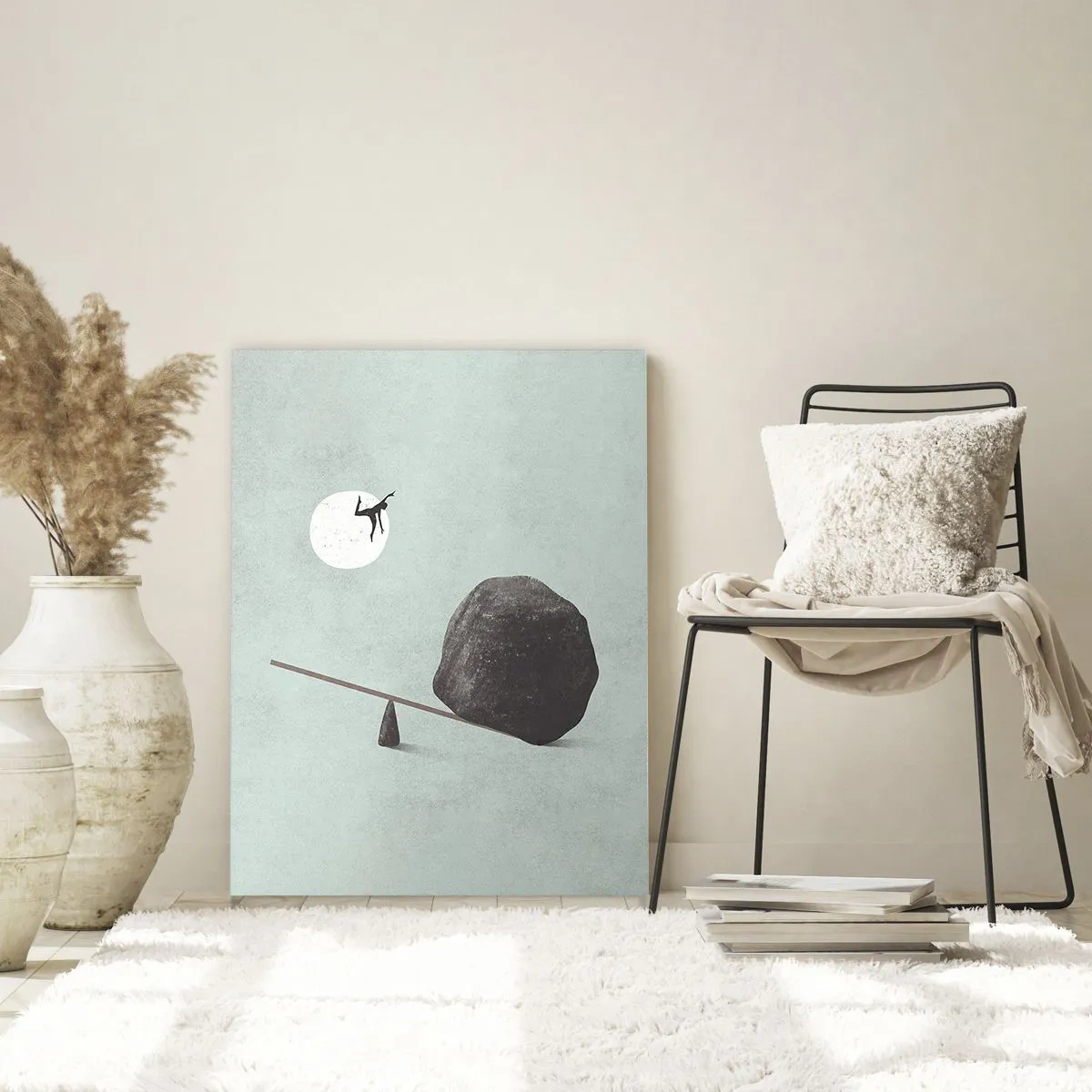 Obraz na szkle - Minimalistyczna scena z człowiekiem lecącym w stronę księżyca - 50x70cm - Spełnione marzenie - Nowoczesna dekoracja ścienna do salonu, kuchni i sypialni ARTTOR