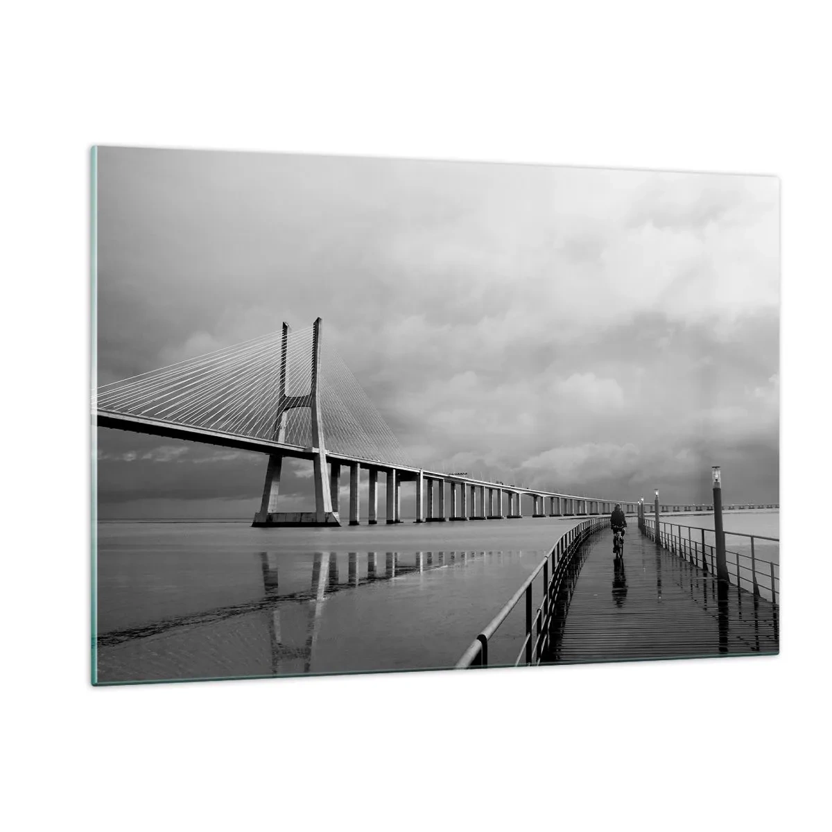Obraz na szkle - Most w monochromatycznym krajobrazie z rowerzystą - 120x80cm - Każdemu co mu się należy - Nowoczesna dekoracja ścienna do salonu, kuchni i sypialni ARTTOR