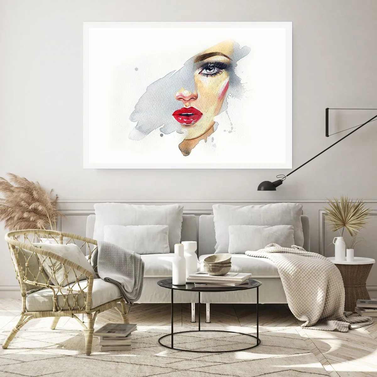 Plakat - Portret kobiety w akwarelowym stylu z intensywnym spojrzeniem - 100x70cm - Odbicie w kropli wody - Nowoczesna dekoracja ścienna do salonu i sypialni ARTTOR