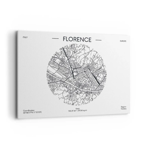 Obraz na płótnie - Mapa Florencji w minimalistycznym, czarno-białym stylu - 100x70cm - Anatomia Florencji - Nowoczesna dekoracja ścienna do salonu, kuchni i sypialni ARTTOR