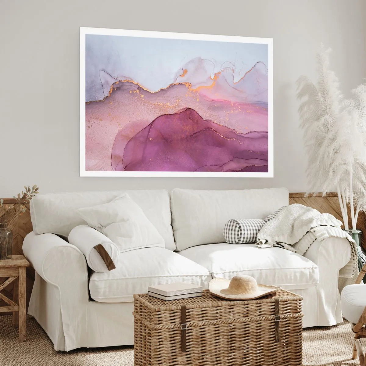 Plakat - Abstrakcyjna kompozycja w odcieniach fioletu i złota - 100x70cm - Fale lila i fioletu - Nowoczesna dekoracja ścienna do salonu i sypialni ARTTOR