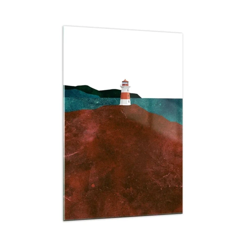 Obraz na szkle - Latarnia morska na tle gór i morza - 70x100cm - Wpatrzona w morze - Nowoczesna dekoracja ścienna do salonu i sypialni ARTTOR