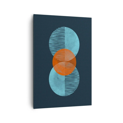 Obraz na płótnie - Geometryczne koła w odcieniach niebieskiego i pomarańczowego - 70x100cm - Kompozycja symetryczna - Nowoczesna dekoracja ścienna do salonu i sypialni ARTTOR