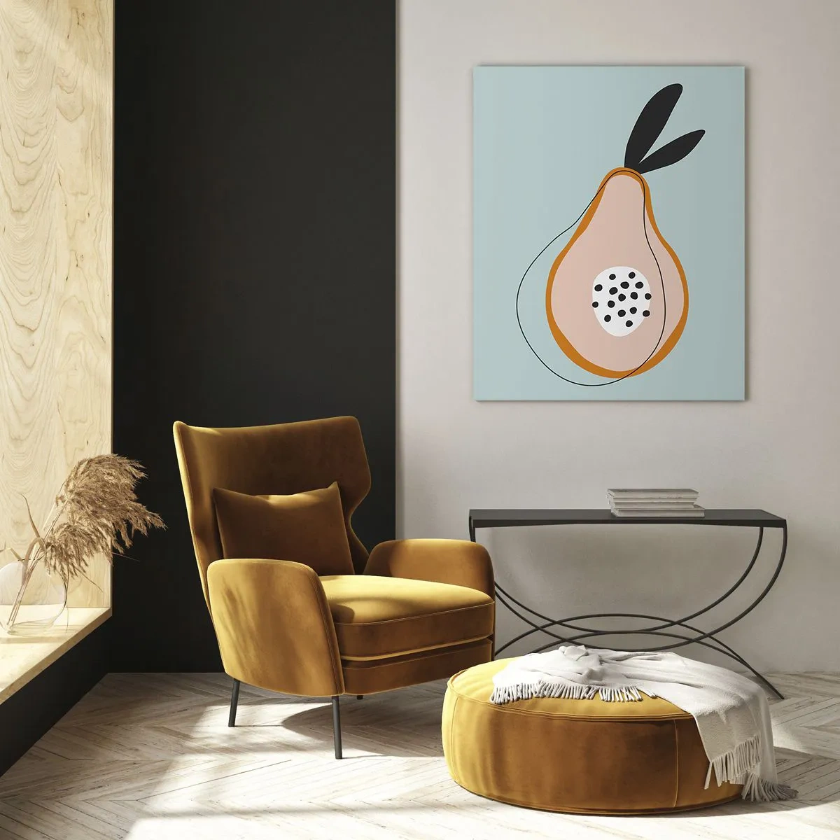 Obraz na szkle - Abstrakcyjna ilustracja gruszki w stylu minimalistycznym - 50x70cm - Przeniknąć w naturę rzeczy - Nowoczesna dekoracja ścienna do salonu, kuchni i sypialni ARTTOR