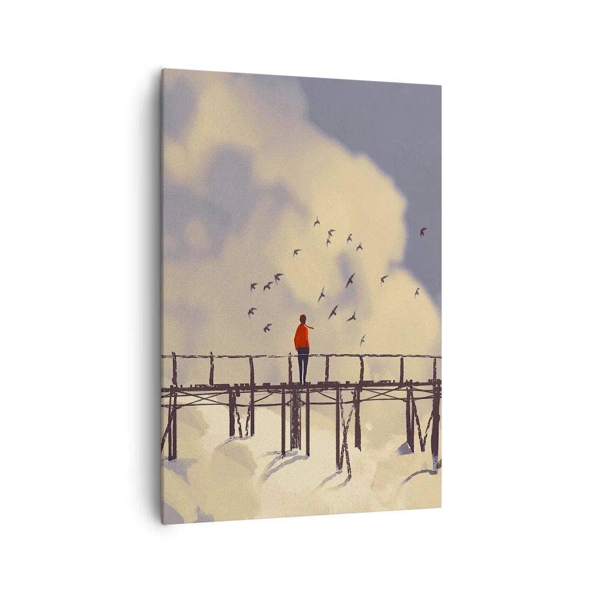 Obraz na płótnie - Postać na moście wśród chmur z ptakami na tle nieba - 70x100cm - Niebieska tęsknota - Nowoczesna dekoracja ścienna do salonu i sypialni ARTTOR
