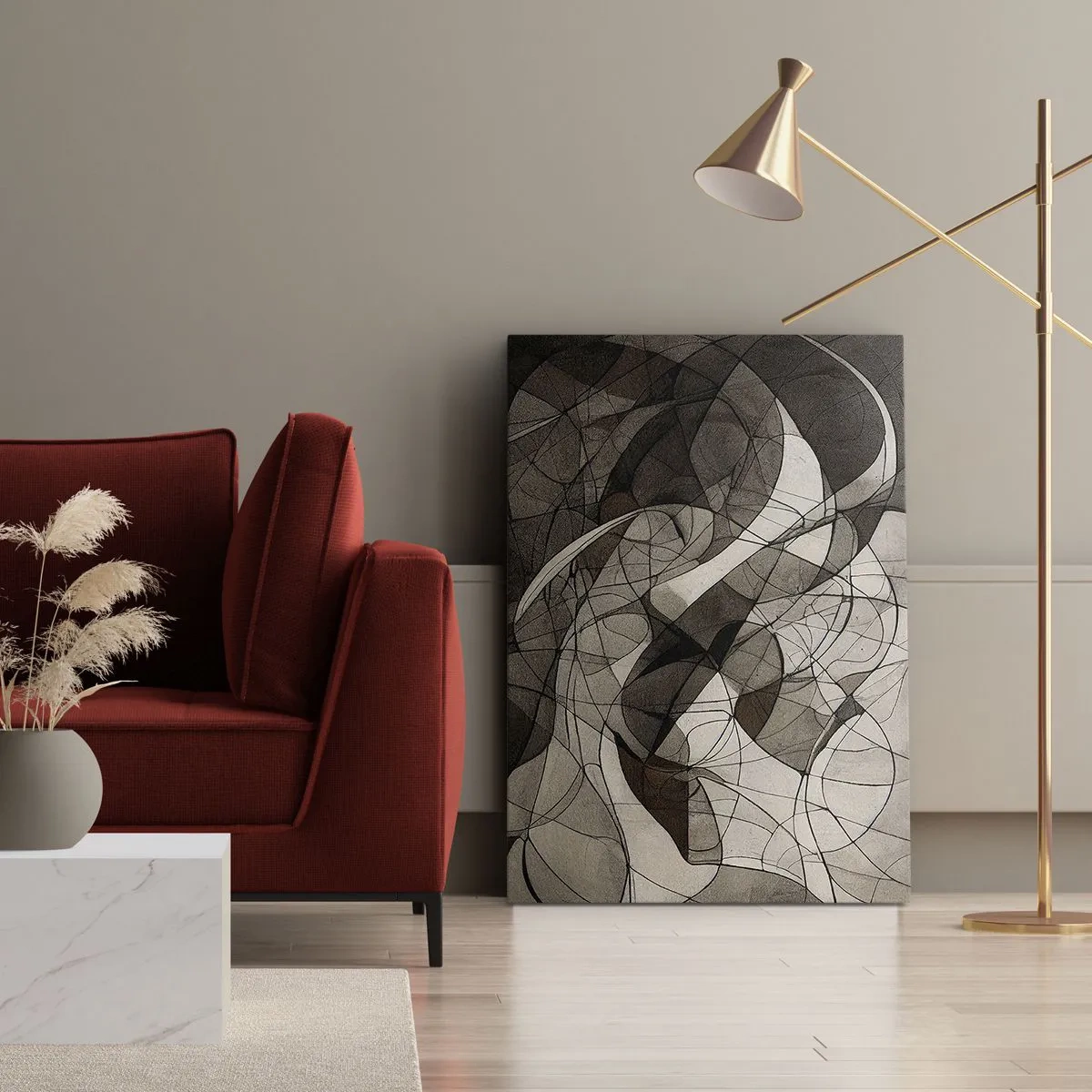 Obraz na płótnie - Abstrakcyjna kompozycja geometrycznych linii w odcieniach brązu i beżu - 50x70cm - Cyrkulacja barw ziemi - Nowoczesna dekoracja ścienna do salonu, kuchni i sypialni ARTTOR