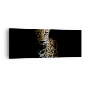 Obraz na płótnie - Leopard na ciemnym tle z intensywnym spojrzeniem - 140x50cm - Mroczne piękno - Nowoczesna dekoracja ścienna do salonu i sypialni ARTTOR