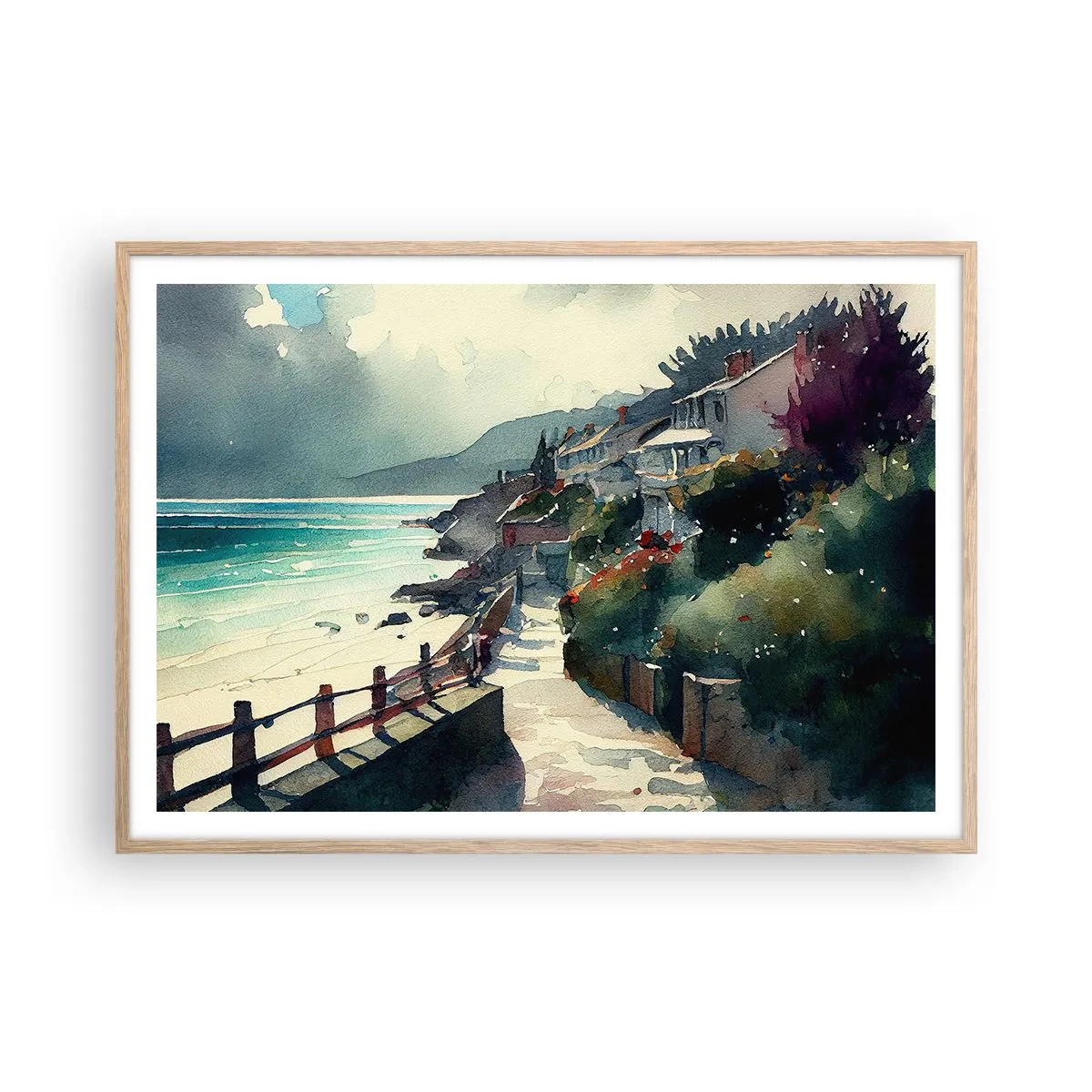 Plakat w ramie jasny dąb - Śródziemnomorskie miasteczko - 100x70 cm