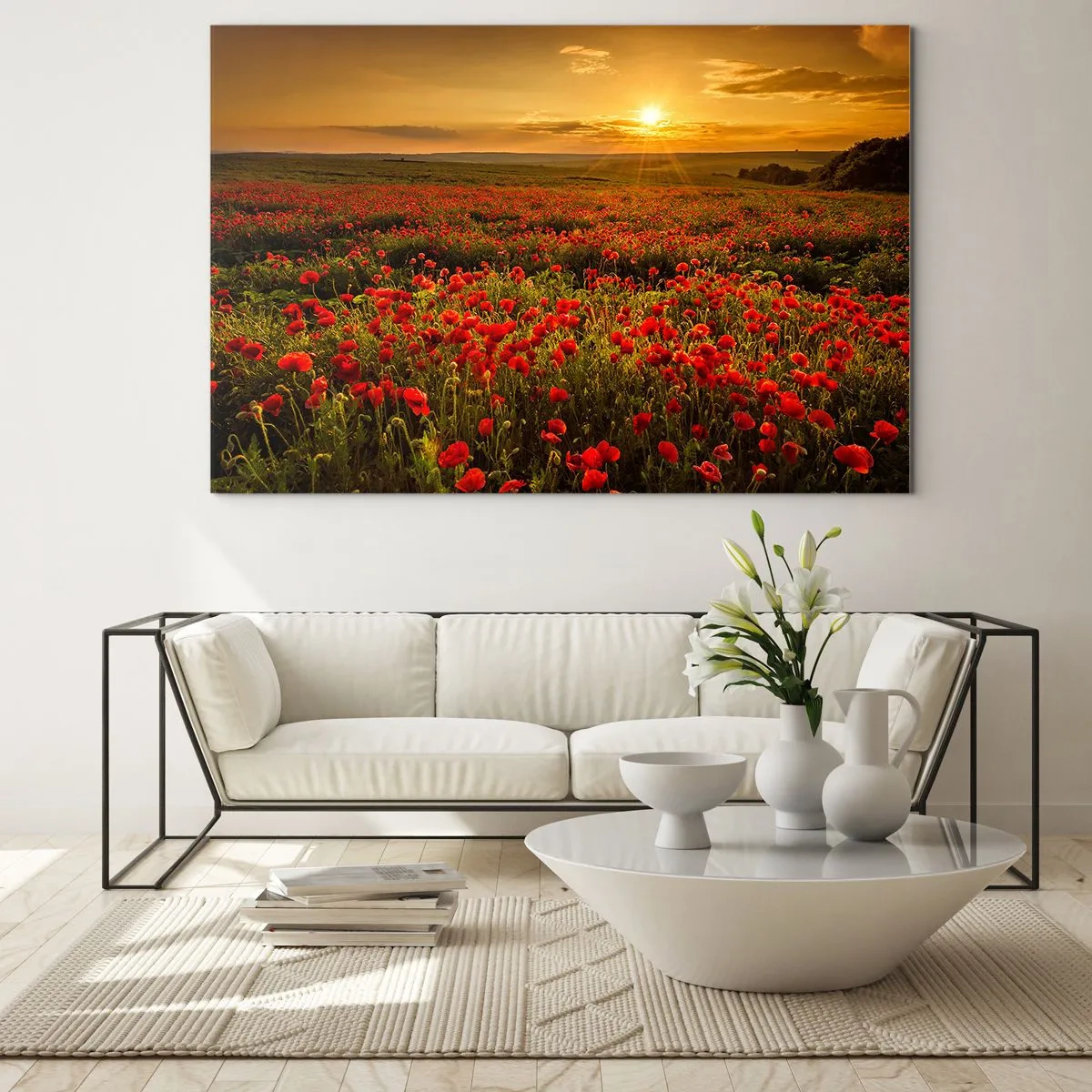 Obraz na szkle - Pole maków oświetlone promieniami zachodzącego słońca - 70x50cm - Wśród fali łąk szumiących, wśród kwiatów powodzi - Nowoczesna dekoracja ścienna do salonu i sypialni ARTTOR