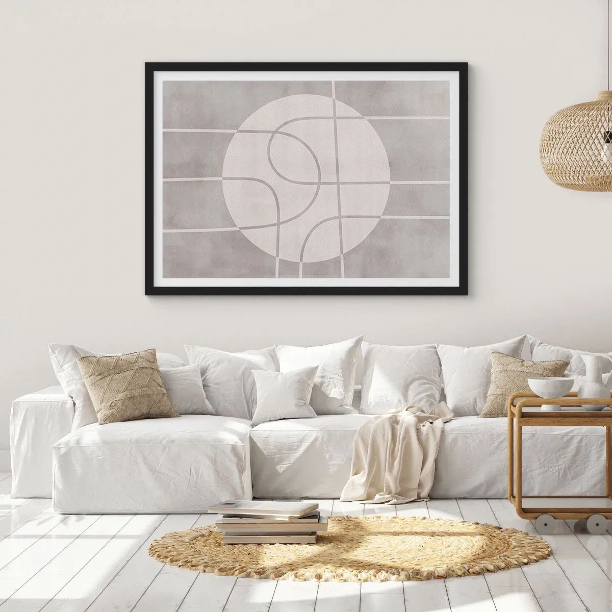Plakat w czarnej ramie - Geometryczny wzór w odcieniach szarości i bieli - 70x50cm - Koliście i na wprost - Nowoczesna dekoracja ścienna do salonu i sypialni ARTTOR