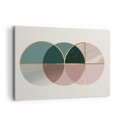 Obraz na płótnie - Abstrakcyjna kompozycja geometrycznych kształtów i złotych linii - 100x70cm - Koło za kołem… - Nowoczesna dekoracja ścienna do salonu, kuchni i sypialni ARTTOR