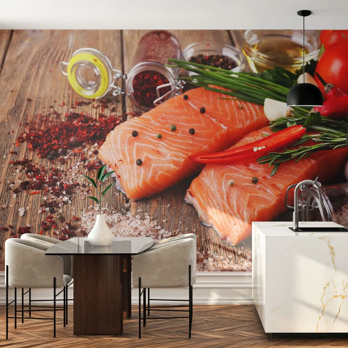 Fototapeta Samoprzylepna Deluxe Sticker - Norweska przygoda w kuchni - Gastronomia, Łosoś, Przyprawy - 250x175 cm