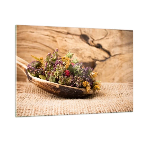 Obraz na szkle - Suszone zioła w drewnianej łyżce na rustykalnym tle - 120x80cm - Kwiecie barwiste i zioła pachnące - Nowoczesna dekoracja ścienna do salonu, kuchni i sypialni ARTTOR