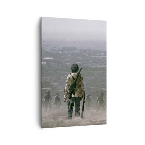 Obraz na płótnie - Postać z bronią stojąca naprzeciw grupy w dystopijnym krajobrazie - 80x120cm - Ostatni sprawiedliwy? - Nowoczesna dekoracja ścienna do salonu i sypialni ARTTOR