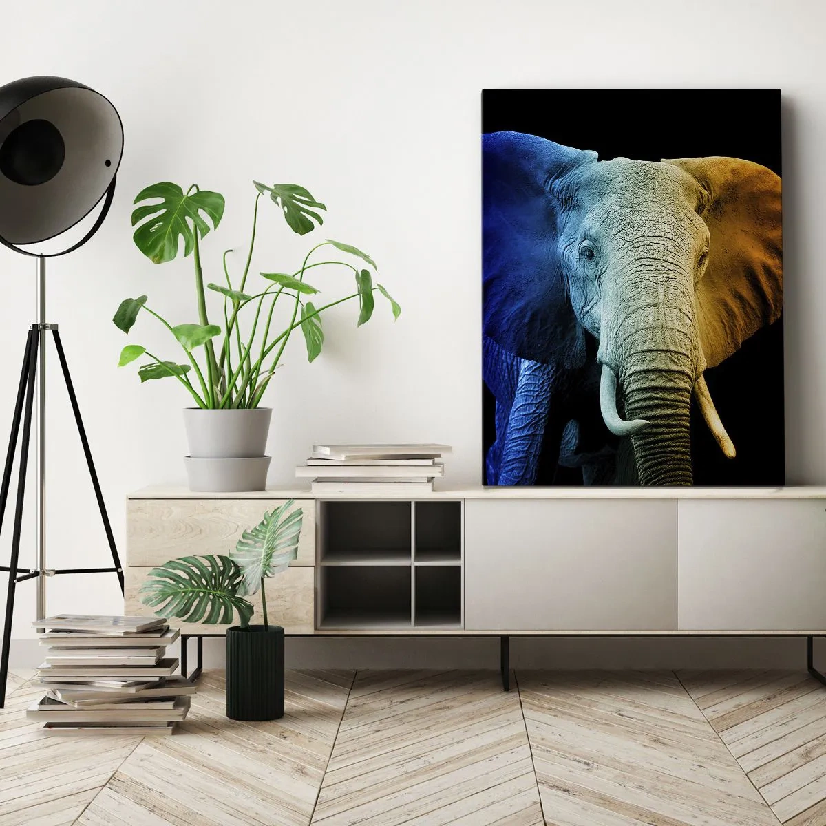 Obraz na płótnie - Słoń w niebiesko-żółtych odcieniach na czarnym tle - 50x70cm - Ekscentryk, nie dziwak - Nowoczesna dekoracja ścienna do salonu, kuchni i sypialni ARTTOR