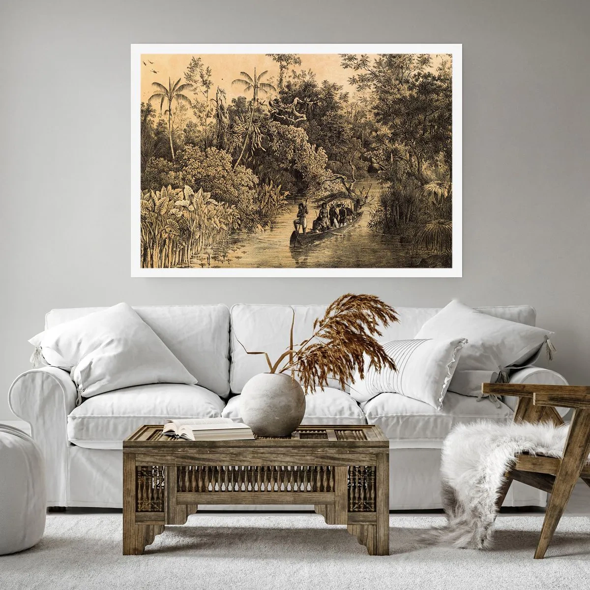 Plakat - Rysunek dżungli z łodzią na rzece - 100x70cm - Wyprawa do źródła - Nowoczesna dekoracja ścienna do salonu i sypialni ARTTOR