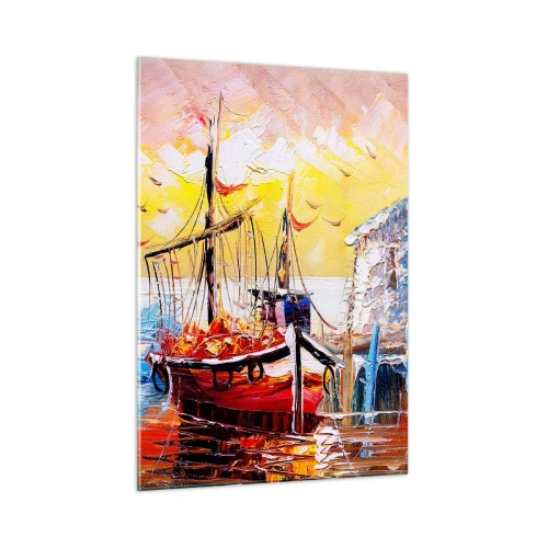 Obraz na szkle - Kolorowe żaglówki przy zachodzie słońca - 50x70cm - Szczęśliwy powrót - Nowoczesna dekoracja ścienna do salonu, kuchni i sypialni ARTTOR