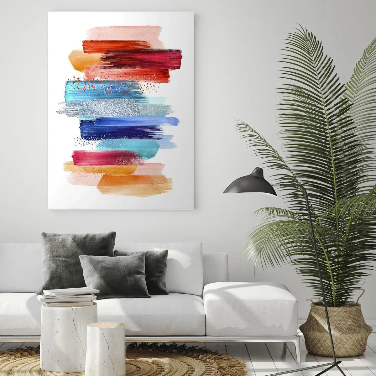 Obraz na szkle - Kolorowe pociągnięcia pędzlem na białym tle - 70x100cm - W górę i w dół  - Nowoczesna dekoracja ścienna do salonu i sypialni ARTTOR