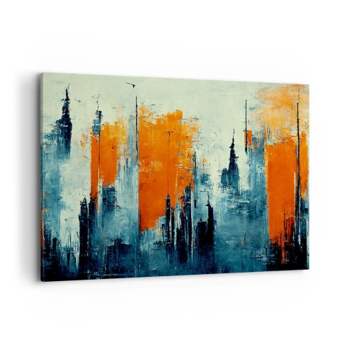 Obraz na płótnie - Abstrakcyjny pejzaż miejski w odcieniach pomarańczu i błękitu - 120x80cm - Pejzaż nowoczesny - Nowoczesna dekoracja ścienna do salonu, kuchni i sypialni ARTTOR