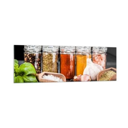 Obraz na szkle - Zioła i przyprawy w szklanych słoikach na ciemnym tle - 160x50cm - Żeby życie miało smak - Nowoczesna dekoracja ścienna do salonu i sypialni ARTTOR