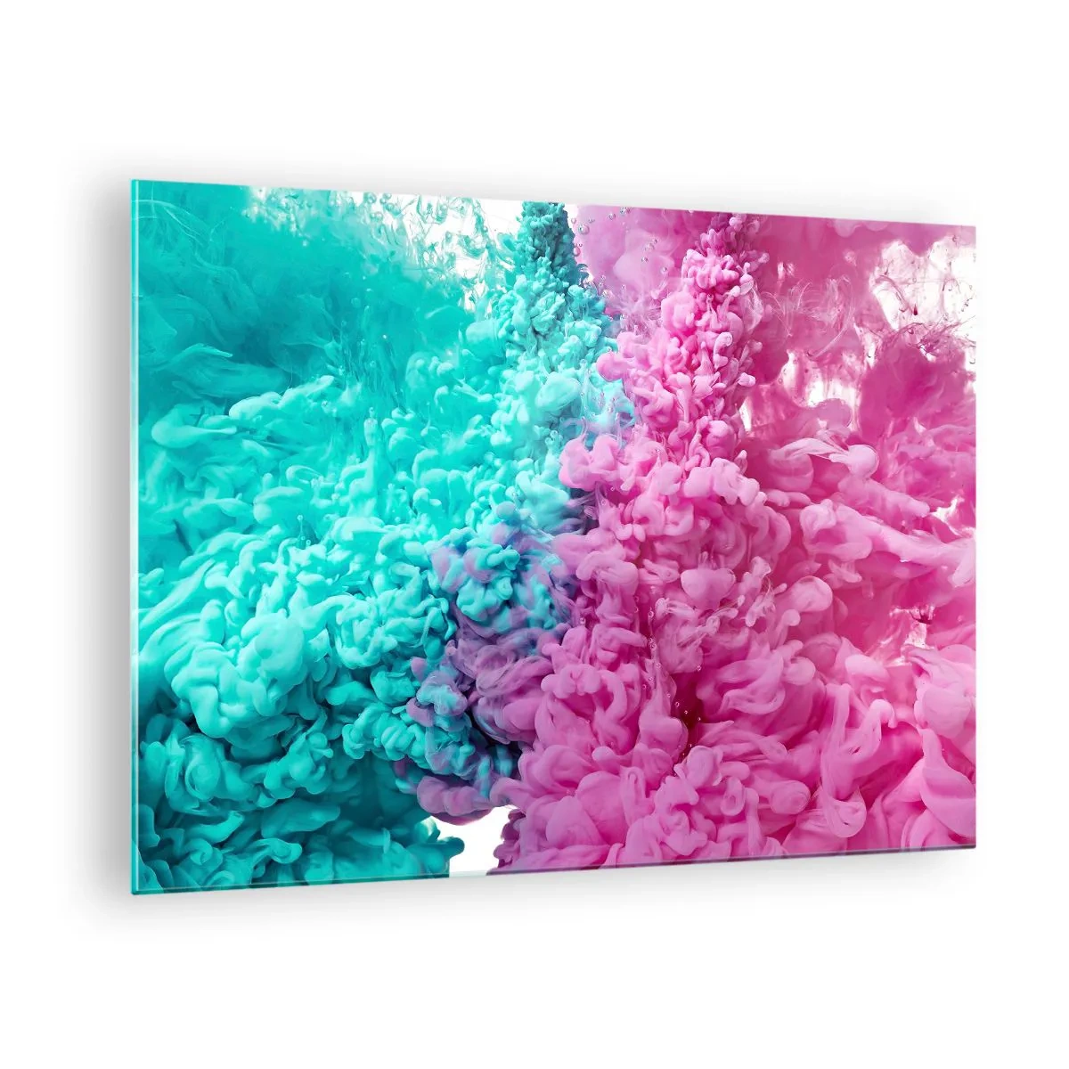 Obraz na szkle - Barwne chmury tuszu w kolorach różowym i turkusowym - 70x50cm - Decydujące starcie - Nowoczesna dekoracja ścienna do salonu i sypialni ARTTOR