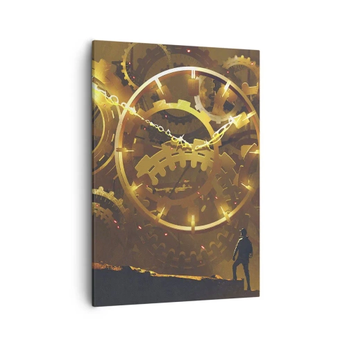 Obraz na płótnie - Abstrakcyjna kompozycja z zegarami i mechanicznymi trybikami, z sylwetką człowieka - 50x70cm - U źródeł czasu - Nowoczesna dekoracja ścienna do salonu, kuchni i sypialni ARTTOR