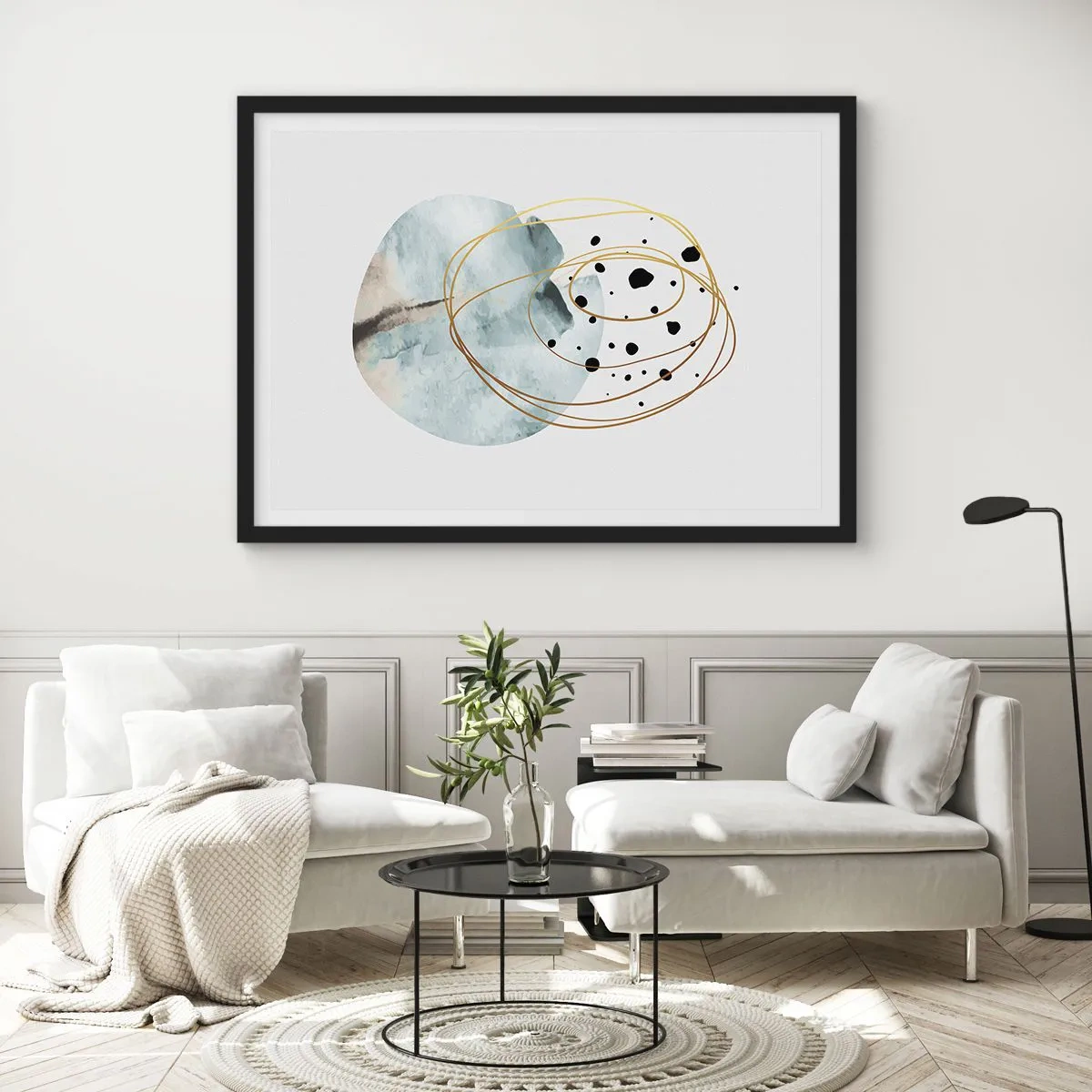 Plakat w czarnej ramie - Minimalistyczna abstrakcja z geometrycznym wzorem i złotymi liniami - 100x70cm - W objęciach przestrzeni - Nowoczesna dekoracja ścienna do salonu i sypialni ARTTOR