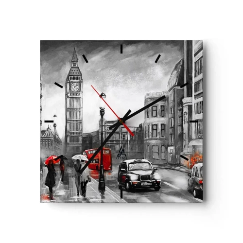 Zegar ścienny - Scena z Londynu w czarno-białym stylu z czerwonymi akcentami - 30x30cm - Wcale nie szare miasto - Nowoczesna dekoracja ścienna do salonu i sypialni ARTTOR