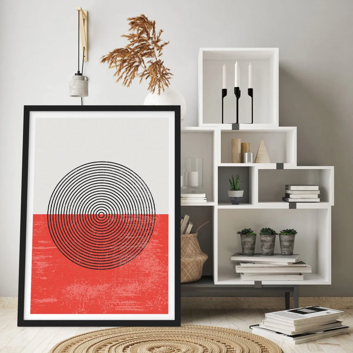 Plakat w czarnej ramie - Geometryczna kompozycja z okręgami na czerwono-białym tle - 50x70cm - W samo sedno - Nowoczesna dekoracja ścienna do salonu i sypialni ARTTOR