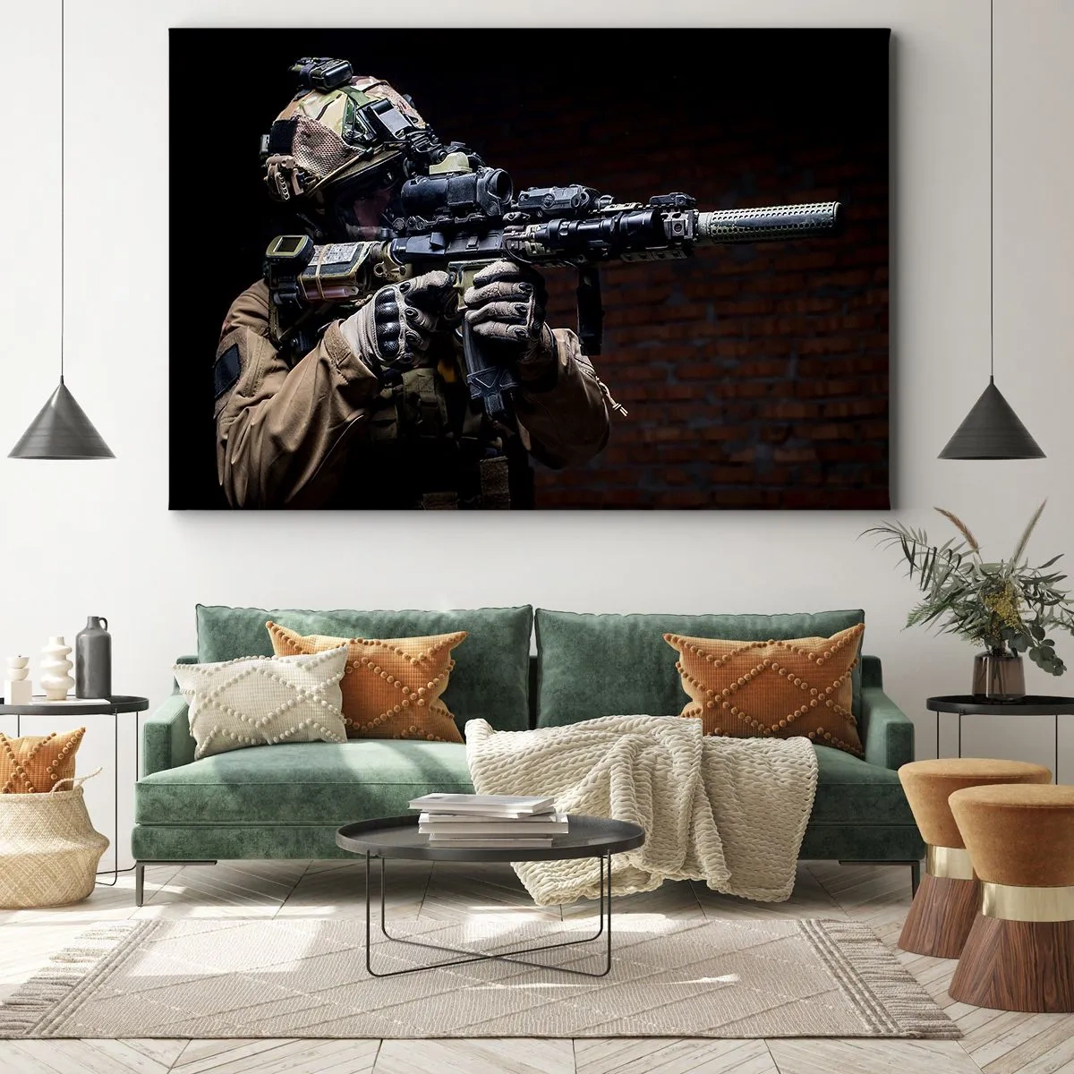 Obraz na płótnie - Żołnierz w pełnym ekwipunku z karabinem - 70x50cm - Zabójczo skuteczny - Nowoczesna dekoracja ścienna do salonu i sypialni ARTTOR