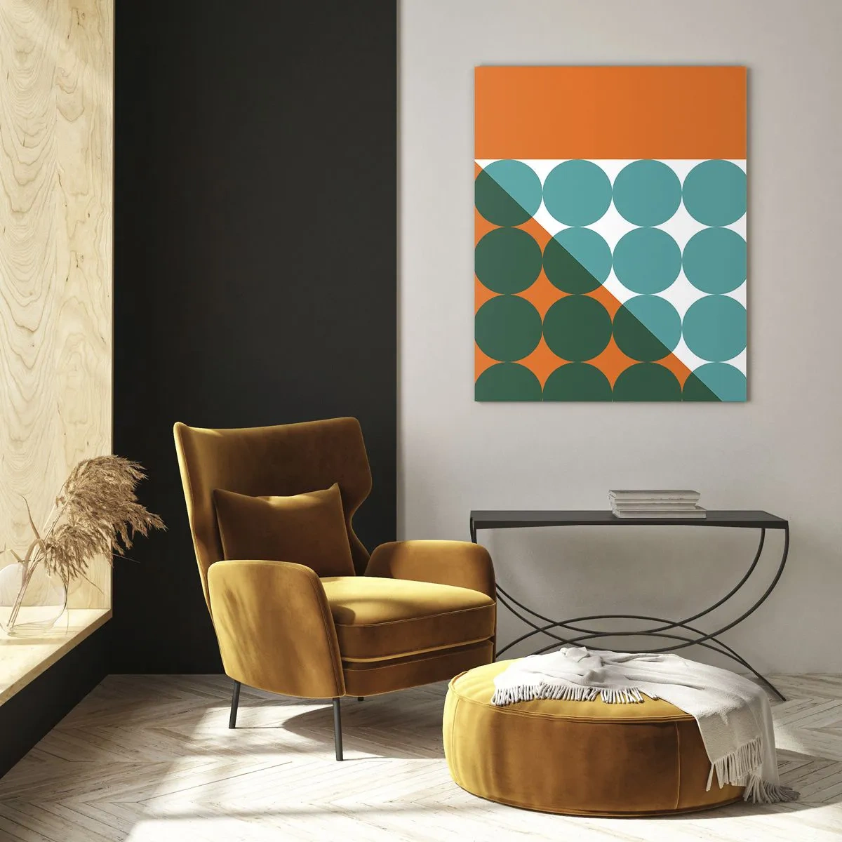 Obraz na szkle - Abstrakcyjna kompozycja geometryczna z okręgami i trójkątem - 50x70cm - W górę i na skos - Nowoczesna dekoracja ścienna do salonu, kuchni i sypialni ARTTOR