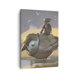 Obraz na płótnie - Postać podróżnika siedząca na mechanicznym ptaku w futurystycznym krajobrazie - 50x70cm - Przystanek w fantastycznej podróźy - Nowoczesna dekoracja ścienna do salonu, kuchni i sypialni ARTTOR