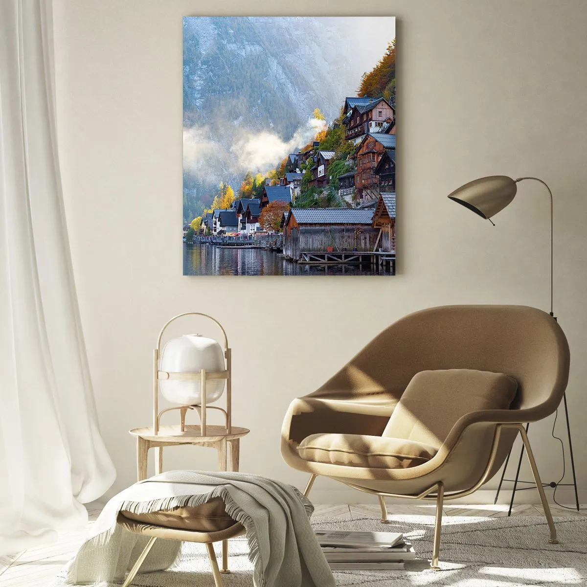 Obraz na szkle - Jesienny poranek w górskim miasteczku nad jeziorem - 50x70cm - Alpejskie klimaty - Nowoczesna dekoracja ścienna do salonu, kuchni i sypialni ARTTOR