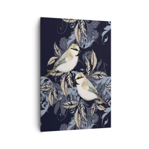 Obraz na płótnie - Ptaki na gałęziach w ornamentowym tle - 70x100cm - Żółto-błękitny trel - Nowoczesna dekoracja ścienna do salonu i sypialni ARTTOR