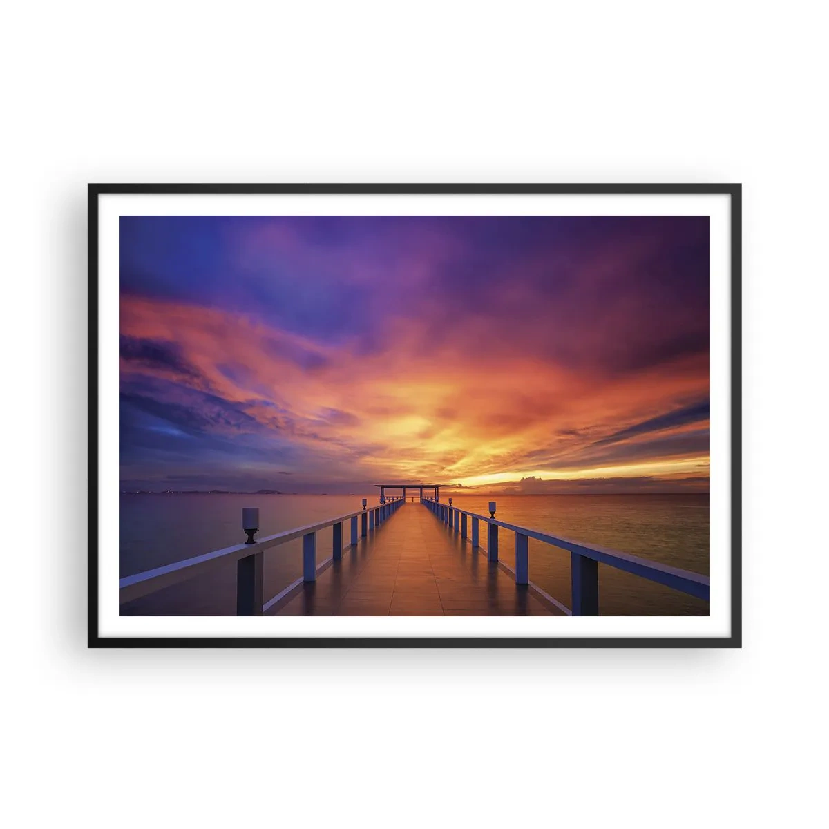Plakat w czarnej ramie - Pomost prowadzący w morze podczas zachodu słońca - 100x70cm - Bez końca - Nowoczesna dekoracja ścienna do salonu i sypialni ARTTOR