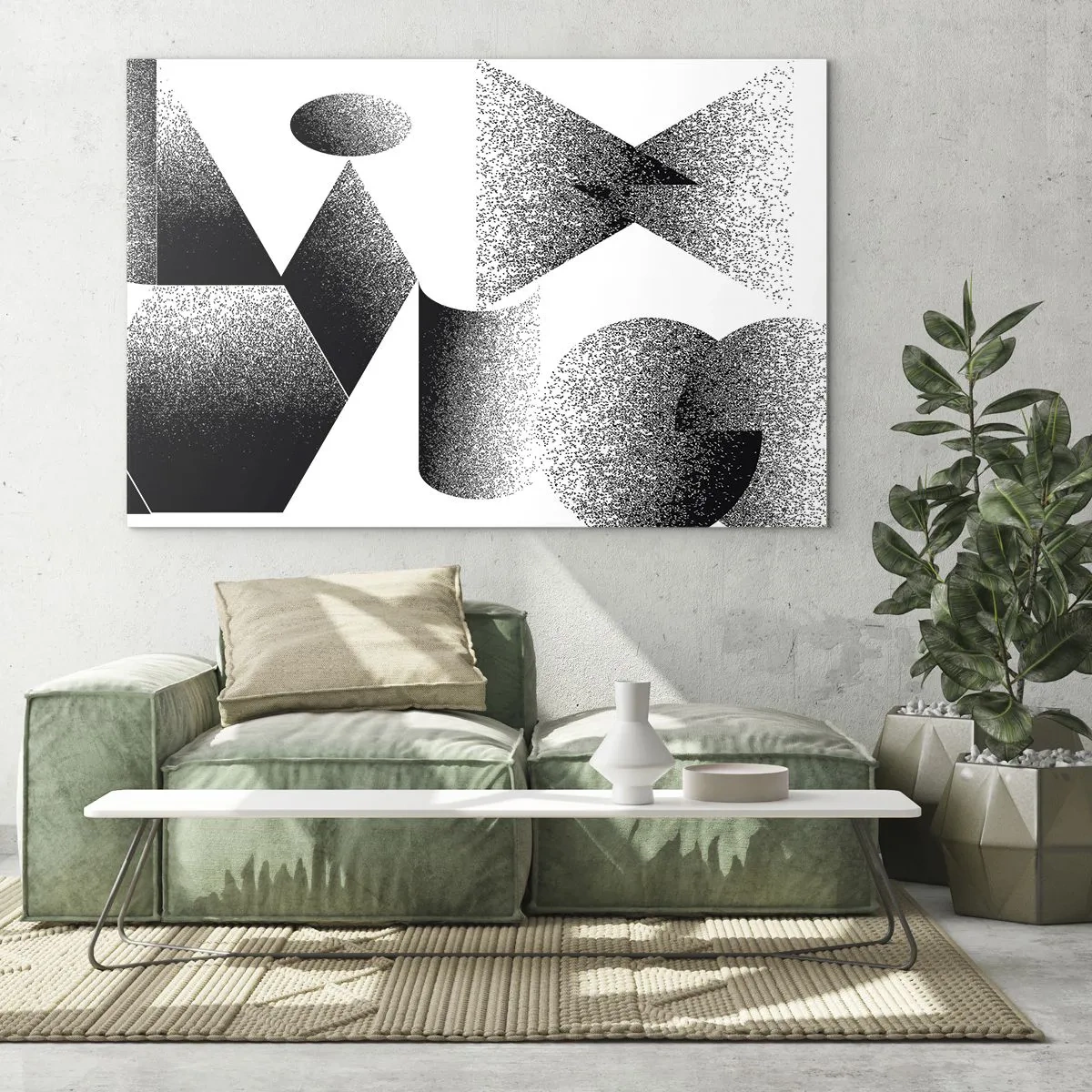 Obraz na szkle - Czarno-biała abstrakcja z geometrycznymi kształtami - 70x50cm - Kąty i owale - Nowoczesna dekoracja ścienna do salonu i sypialni ARTTOR