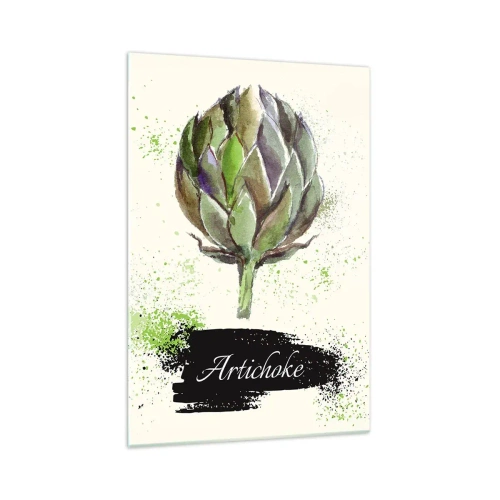 Obraz na szkle - Akwarelowy karczoch z napisem na jasnym tle z zielonymi akcentami - 70x100cm - Eviva warzywa! - Nowoczesna dekoracja ścienna do salonu i sypialni ARTTOR