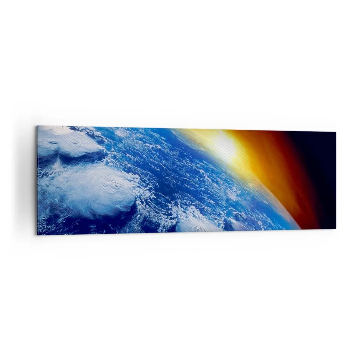 Obraz na płótnie - Widok na Ziemię z kosmosu przy zachodzącym słońcu - 160x50cm - Wschód słońca nad błękitną planetą - Nowoczesna dekoracja ścienna do salonu i sypialni ARTTOR