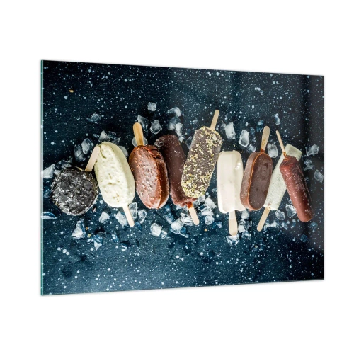 Obraz na szkle - Lody na patyku w różnych smakach ułożone na kostkach lodu - 100x70cm - Smak gorącego lata - Nowoczesna dekoracja ścienna do salonu, kuchni i sypialni ARTTOR