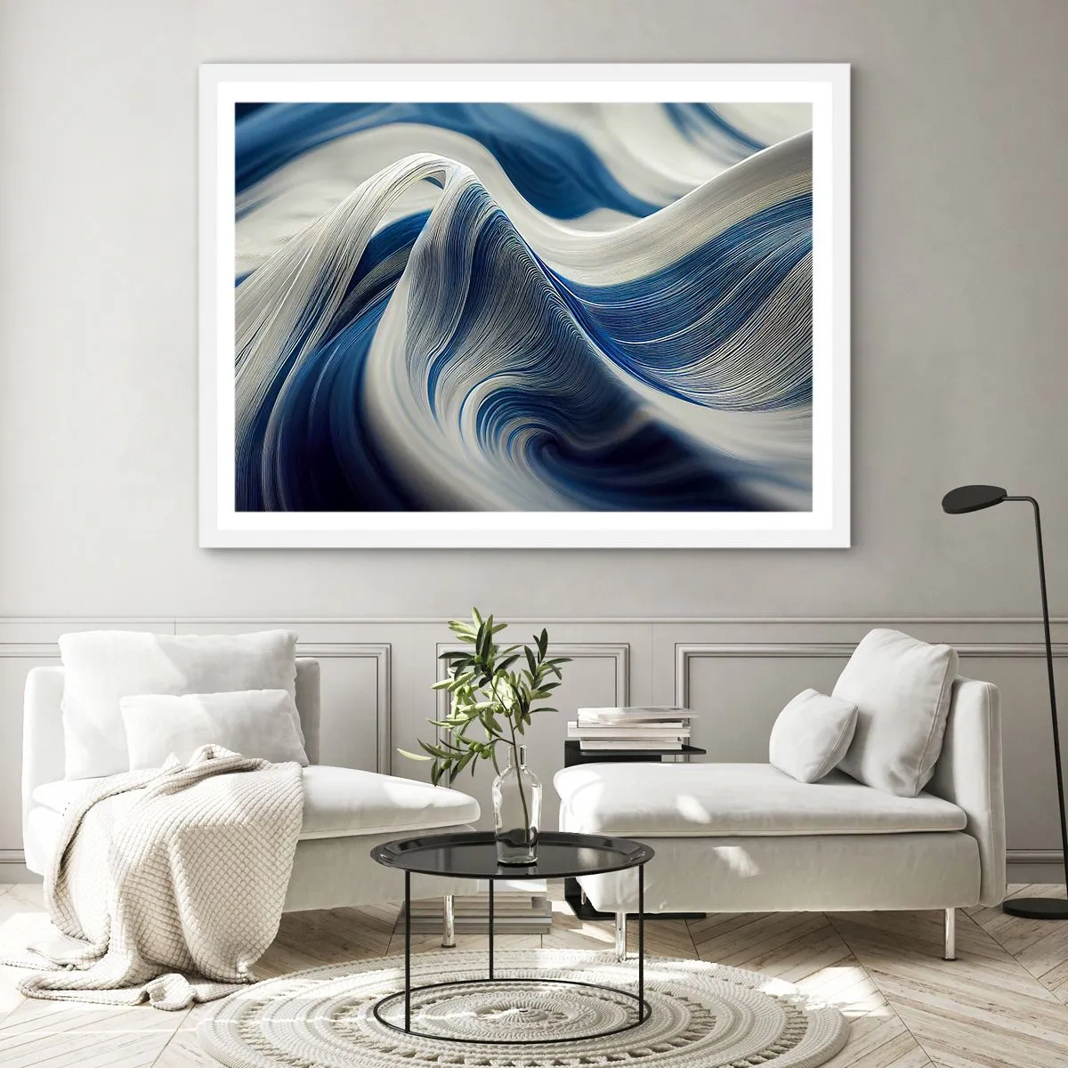 Plakat w białej ramie - Płynność błękitu i bieli - 100x70 cm