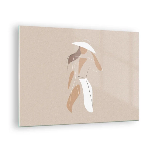 Obraz na szkle - Stylizowana postać kobiety w białym kapeluszu - 70x50cm - Moda to zabawa - Nowoczesna dekoracja ścienna do salonu i sypialni ARTTOR