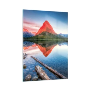 Obraz na szkle - Górski szczyt odbijający się w spokojnym jeziorze - 50x70cm - Żar i chłód - Nowoczesna dekoracja ścienna do salonu, kuchni i sypialni ARTTOR