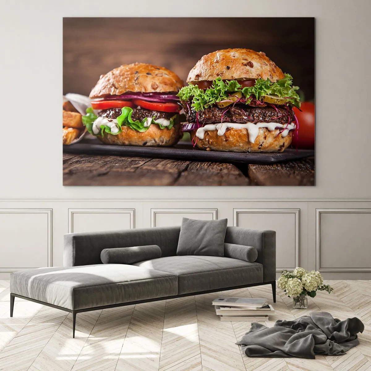 Obraz na szkle - Apetyczne burgery z warzywami i sosem - 120x80cm - American dream - Nowoczesna dekoracja ścienna do salonu, kuchni i sypialni ARTTOR