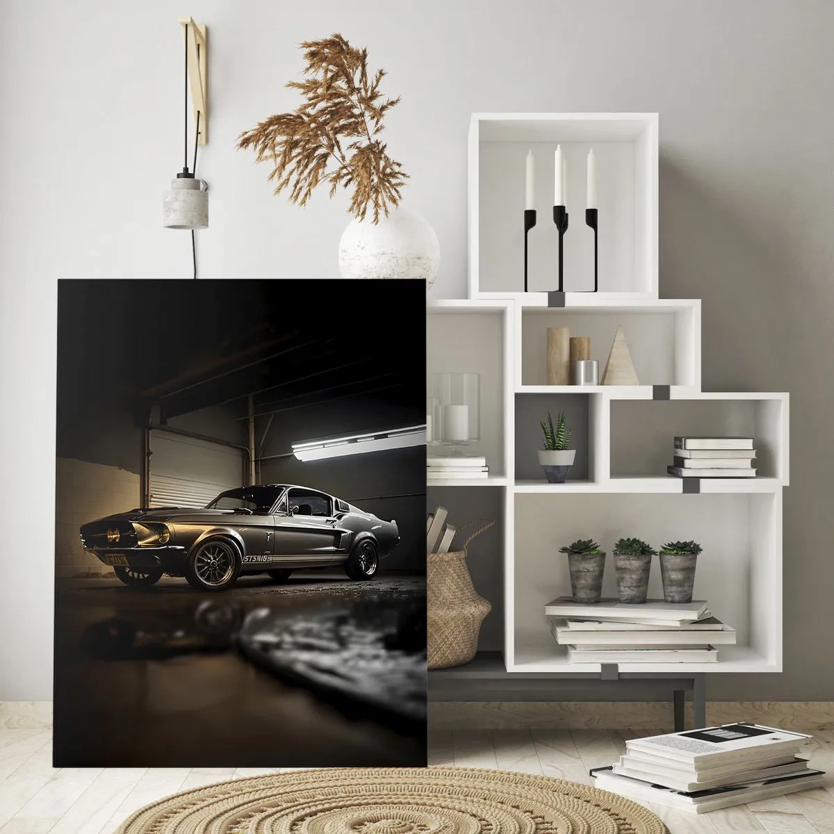 Obraz na szkle - Klasyczny samochód w garażu w stylu retro - 80x120cm - Powrót do przeszłości - Nowoczesna dekoracja ścienna do salonu i sypialni ARTTOR