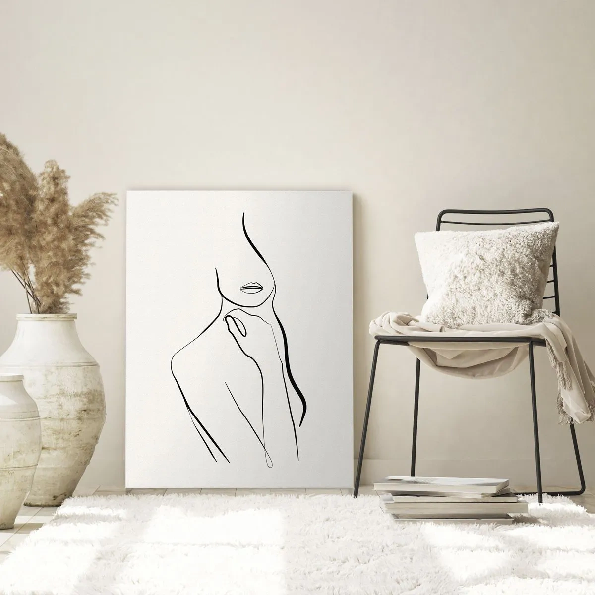 Obraz na szkle - Minimalistyczny szkic sylwetki kobiety na jasnym tle - 80x120cm - Fala melancholii - Nowoczesna dekoracja ścienna do salonu i sypialni ARTTOR