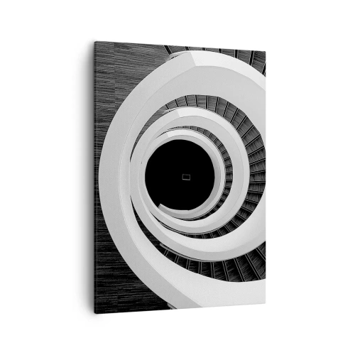 Obraz na płótnie - Czarno-biała fotografia spiralnych schodów ukazanych w geometrycznej perspektywie - 50x70cm - Do istoty rzeczy - Nowoczesna dekoracja ścienna do salonu, kuchni i sypialni ARTTOR