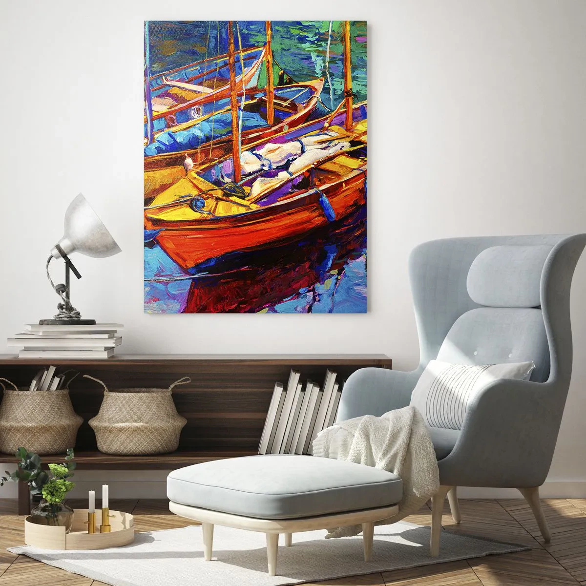 Obraz na szkle - Kolorowe łodzie na spokojnej wodzie - 50x70cm - Na wodzie gęstej od barw - Nowoczesna dekoracja ścienna do salonu, kuchni i sypialni ARTTOR