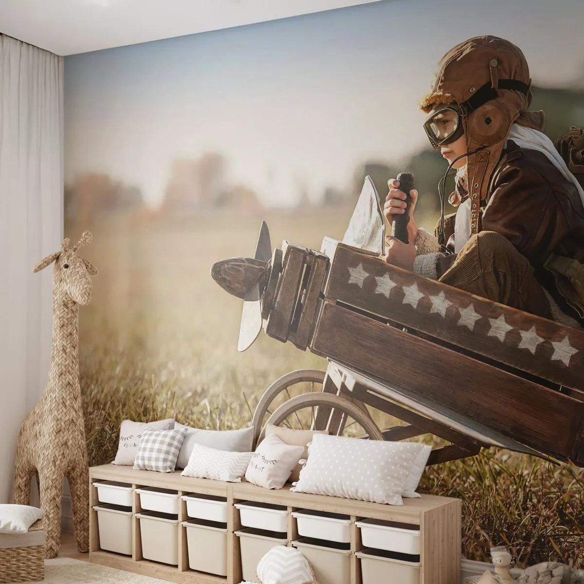 Fototapeta Premium Sand - Start ku marzeniu - Chłopiec, Samolot, Vintage - 250x175 cm