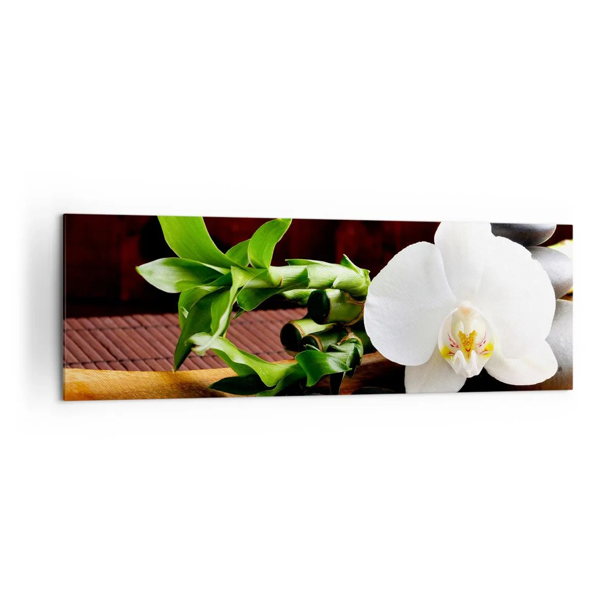 Obraz na płótnie - Biała orchidea z bambusem na tle kamieni w stylu Zen - 160x50cm - Poddaj się dotykowi natury - Nowoczesna dekoracja ścienna do salonu i sypialni ARTTOR